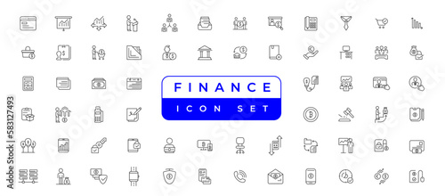 business and finance Vector set with money, bank, check, law, auction, exchance, payment, wallet, deposit, piggy, calculator, web and more isolated outline thin symbol