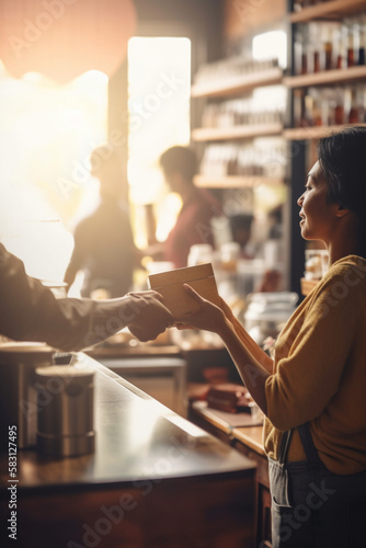 Mulher atendente vendedora entregando caixa a clien pagamento eletrônico digital em restaurante bar café negócios pagamento digital banco digital praticidade eficiência rapidez IA Generativa