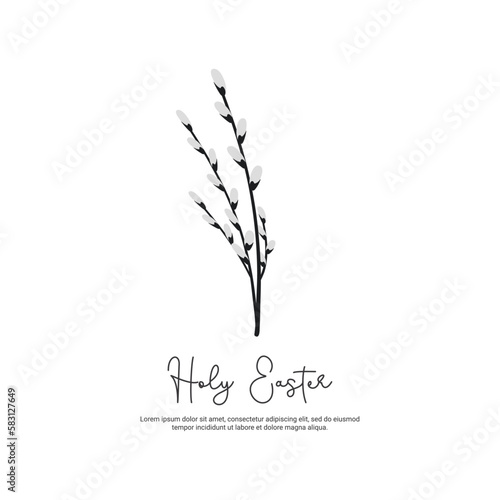 Easter card with a sprig of willow on a white background. Vector template for printing, postcards, social media