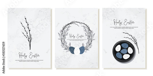 A set of cards for Holy Easter. Posters with Easter eggs in a modern rustic style. Vector
