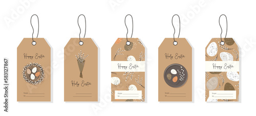 Set of Easter tags in natural rustic style. Vector for printing, cards, invitations, greetings.