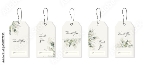 Set of Thank You tags for gift, wedding invitation, packaging with green watercolor leaves, branches. Vector template