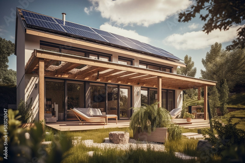 Solar panels on the roof of a beautiful modern home generative ai