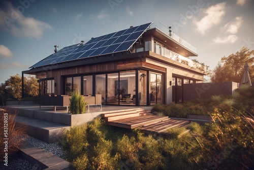 Solar panels on the roof of a beautiful modern home generative ai
