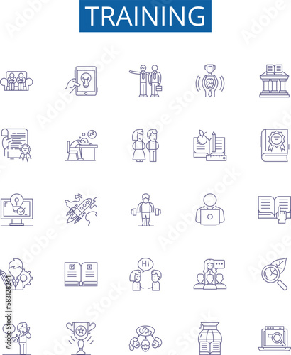 Training line icons signs set. Design collection of Education, Coaching, Tuition, Learning, Drilling, Instruction, Tutoring, Exercise outline concept vector illustrations