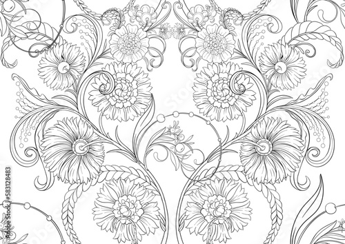 Decorative flowers and leaves in art nouveau style, vintage, old, retro style. Seamless pattern, background. Vector illustration. Seamless pattern, background.