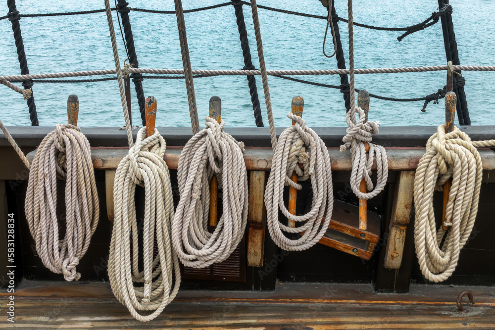 Mooring ropes on the deck of the San Salvador, historic sailing ship in San Diego