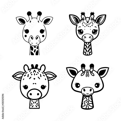 A charming set of Hand drawn line art illustrations featuring cute anime giraffe heads, perfect for adding a touch of whimsy to any project