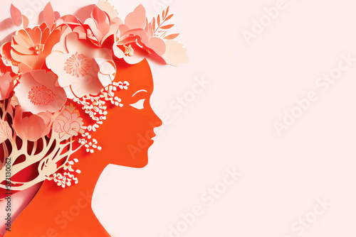Happy Mothers Day card with papercut mom and flowers. Illustration of woman with copy space. Background for Mother's day, Women's Day, 8 March, wedding. AI generative.