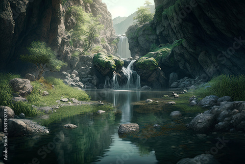 A Serene Waterfall Flowing Gently Into A Calm Pool . Generative AI