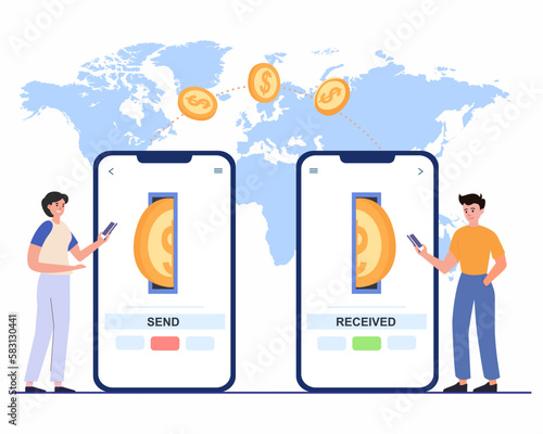 Money transfer, Receiving payment with smartphone, International money transaction concept.