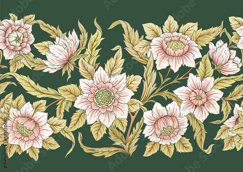 Decorative flowers and leaves in art nouveau style, vintage, old, retro style. Seamless pattern, background. Vector illustration.