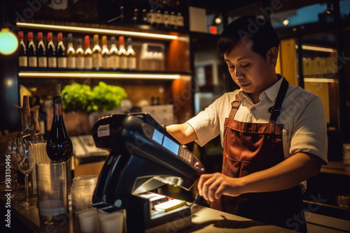 Homem recebendo o pagamento em sistema de pagamento eletrônico digital em restaurante bar café negócios pagamento digital banco digital praticidade eficiência rapidez IA Generativa photo