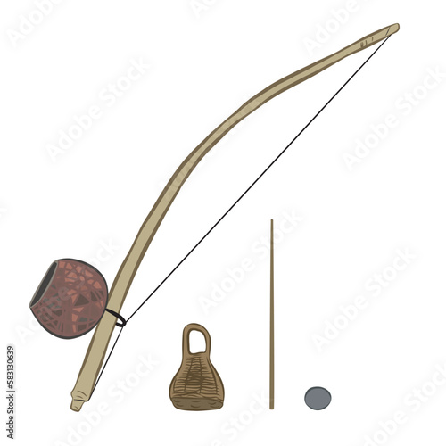  Berimbau and caxixi. Musical instruments used in the sport called capoeira. Vector illustration isolated on white background.