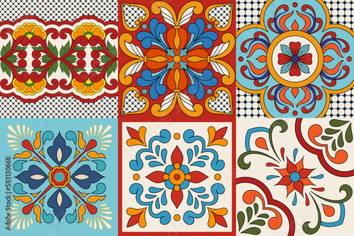 Mexican Talavera Ceramic Tiles. Spanish Maiolica. Colorful decorative stickers for tiles with floral patterns. Mexican folk art.