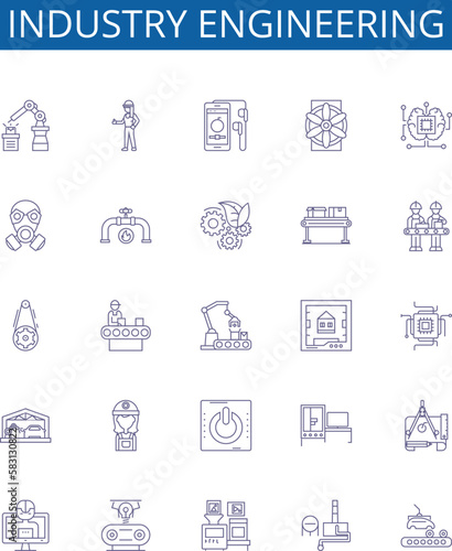 Industry engineering line icons signs set. Design collection of Industrial, Engineering, Manufacturing, Production, Automation, Quality, Control, Logistics outline concept vector illustrations