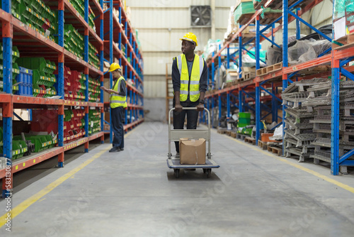 Male clerk pushing a cart or picking cart.