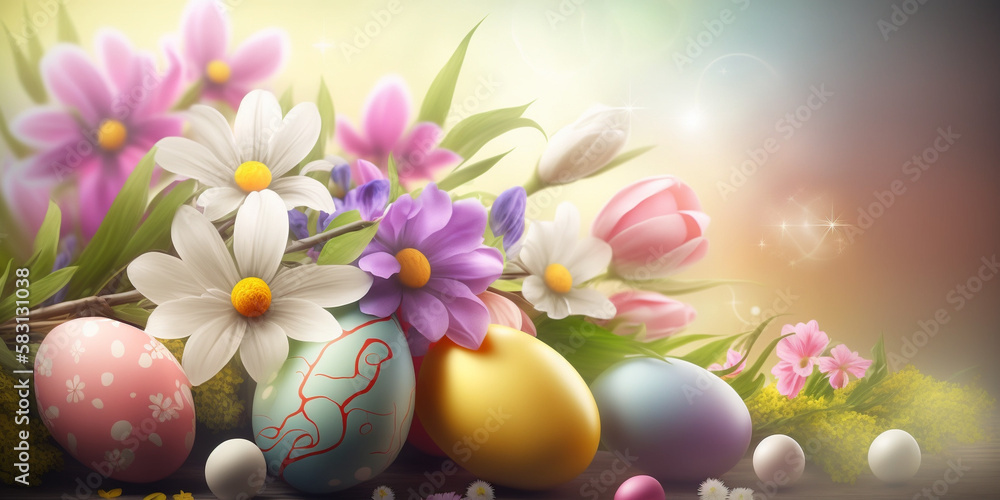 Springtime Easter Background with Blooming Flowers and Eggs – Professional