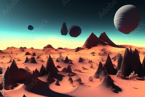 Fantastic sci-fi alien planet landscape in space. 3d rendered 8k - generative ai
