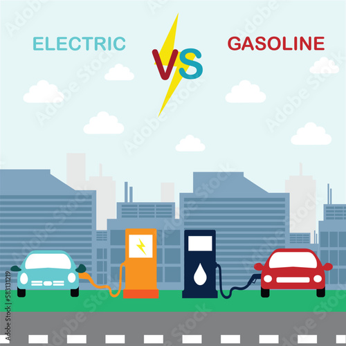 Infographic Comparison of electric cars compared to gasoline, diesel cars. Electric car charging station vs. fossil car refueling gas station front view isolated on blue background.