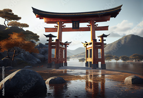 view of the approach to the Hakone shrine in a cedar forest. With many red lantern lighted up and a great red torii gate
