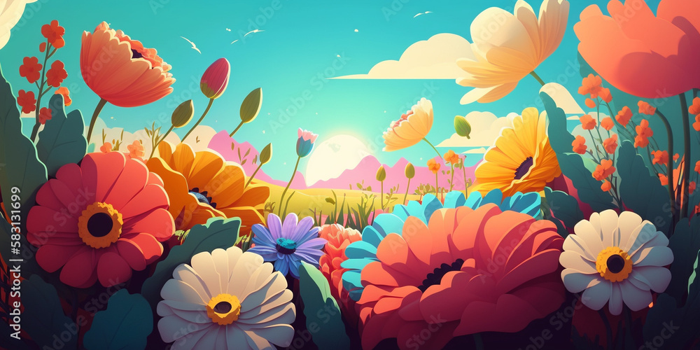 Sunny Days: Spring Background Aesthetic with Sunny Skies and Colorful Blooms