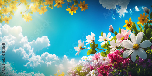 Sunny Days: Spring Background Aesthetic with Sunny Skies and Colorful Blooms