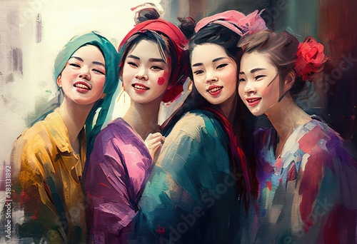 Group of Happy Women in Watercolor Style Illustration. Generative AI.