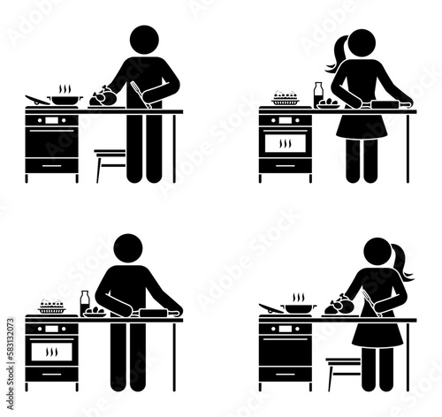 Stick figure people baking cake, cutting grilled chicken vector illustration set. Stickman human cooking in oven and on stove icon pictogram
