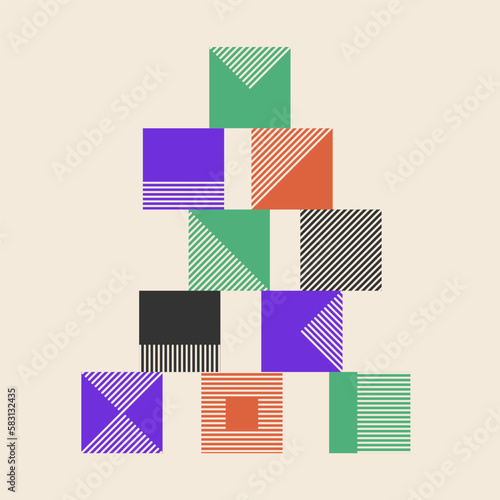 Brutalism design geometric shapes tower, pyramid. Vector illustration about building, team work, creative for banner, flyer