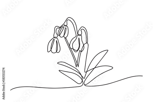 One line snowdrop isolated on white background. Vector illustration continuous one line of white snowdrop. Spring card with snowdrop. Spring flower