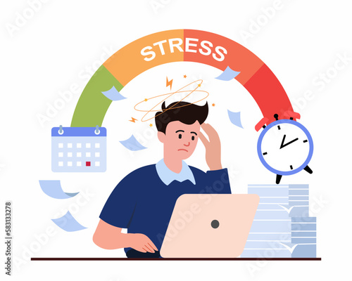 Stress level, overload or burnout with stress, business men working at laptop near pile of folders and throwing papers.