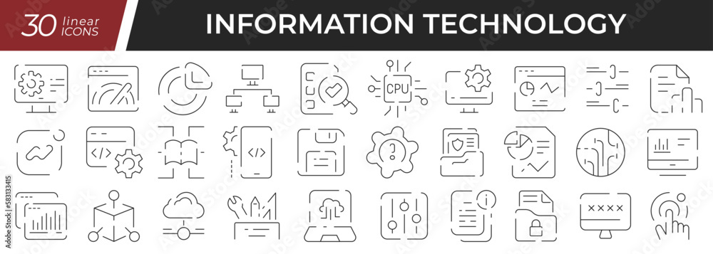 Information technology linear icons set. Collection of 30 icons in black
