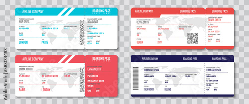 Travel ticket template collection. Set of ticket mockup