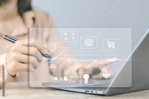 digital marketing technology Online concept  Businesswomen use social media search engines to optimize e-commerce data analysis tools for marketing media. To meet business needs.