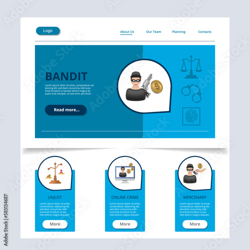 Bandit flat landing page website template. Unjust, online crime, mercenary. Web banner with header, content and footer. Vector illustration.