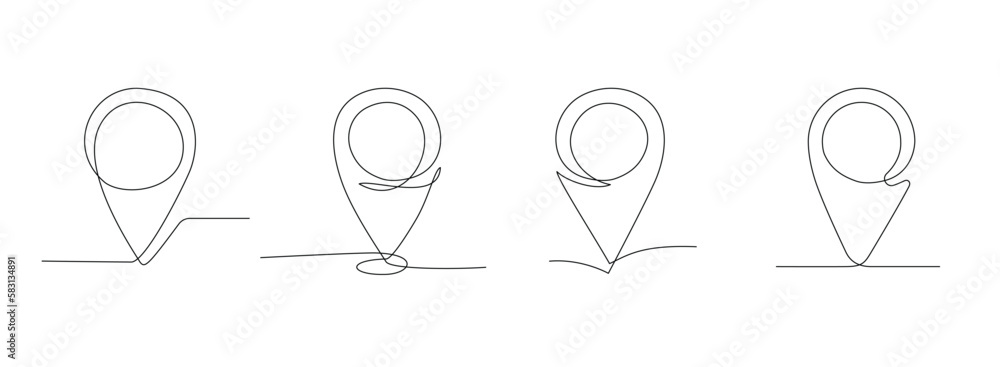 Continuous single line drawing of map pins. Editable stroke linear style. Gps navigation pointers for travel concept. Collection of one line map pins on white background. Doodle vector illustration.