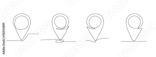 Continuous single line drawing of map pins. Editable stroke linear style. Gps navigation pointers for travel concept. Collection of one line map pins on white background. Doodle vector illustration.