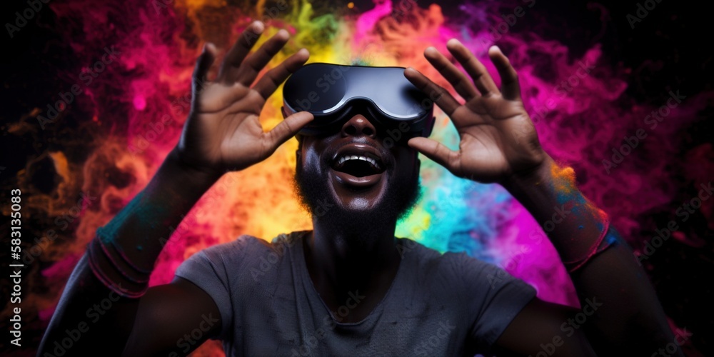 Portrait of an African-American man in astonishment wearing a virtual reality headset. Vivid colors neon glowing HMD generative ai