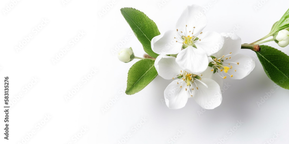 Fototapeta premium Nature's Palette: Fresh Apple Tree Spring Flowers and Blossoms Adorning a Crisp White Background. AI Generated Art.