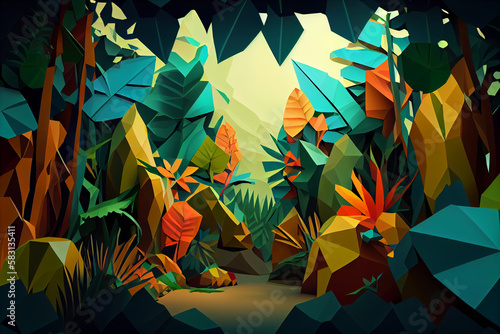 Jungle: An abstract low poly geometry background featuring a jungle scene. Generative AI technology.