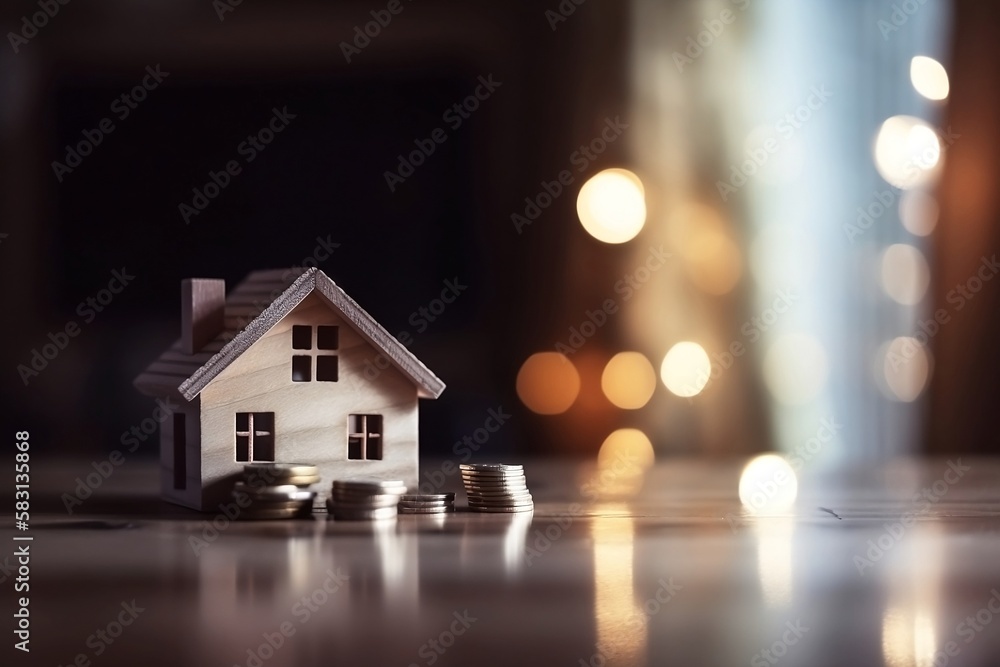 Small House and Coin Stack on wooden table on Blur Background for Investment or Loan Small House and Coin Stack on wooden table on Blur Background for Investment or Loan