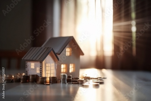 Small House and Coin Stack on wooden table on Blur Background for Investment or Loan