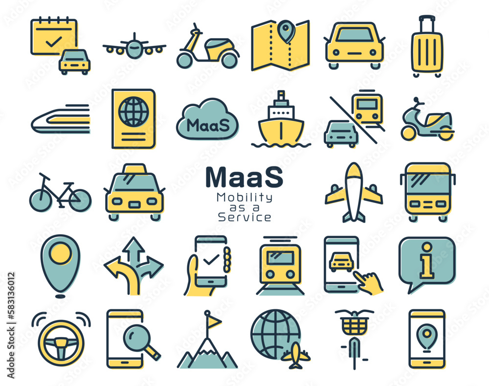Obraz premium MaaS (Mobility as a Service) カラフルなアイコンセット