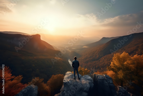 A man looking at a sunset in the mountains