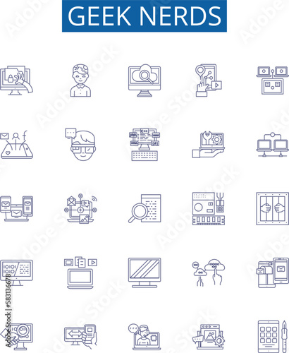 Geek nerds line icons signs set. Design collection of Geek, Nerds, Technology, Programmer, Computer, Nerd, Geeky, Coder outline concept vector illustrations