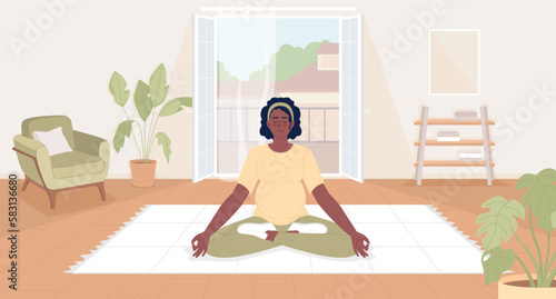 Staying relaxed in pregnancy flat color vector illustration. Calm pregnant woman sitting in yoga pose. Hero image. Fully editable 2D simple cartoon character with cozy living room on background