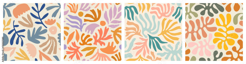 Abstract leaf cutout shapes seamless pattern set. Trendy colorful leaves collage shape background design collection. Contemporary art decoration wallpaper, organic nature symbol texture print. Abstract leaf cutout shapes seamless pattern set. Trendy colorful leaves collage shape background design collection. Contemporary art decoration wallpaper, organic nature symbol texture print.