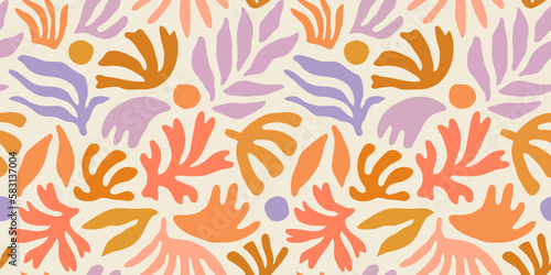Abstract plant leaf art seamless pattern with colorful freehand doodle collage. Organic leaves cartoon background, simple nature shapes in vintage pastel colors. 