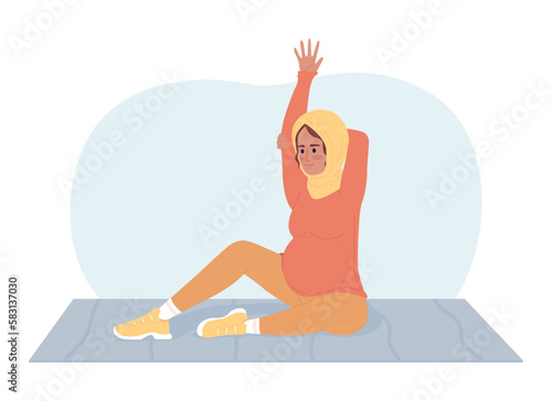 Doing stretches during pregnancy 2D vector isolated spot illustration. Exercising expectant mother flat character on cartoon background. Colorful editable scene for mobile, website, magazine